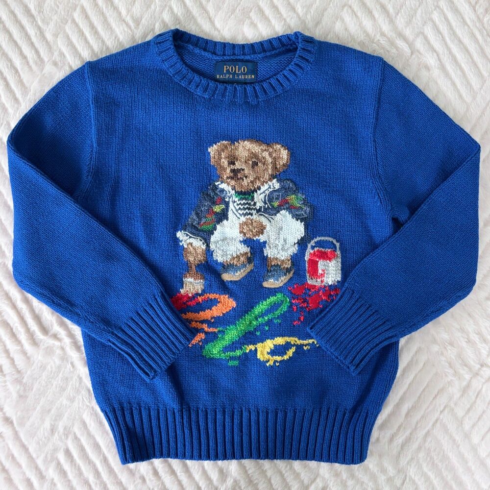Polo Ralph Lauren Boys Size 5 Polo Bear Painter Cotton Knit Sweater Royal Blue